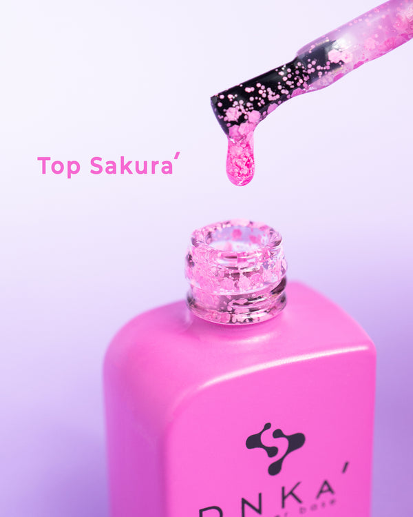 Top pour vernis gel DNKa Top Sakura transparent avec flocons roses sans couche collante, 12 ml ( dessus d'ongle )