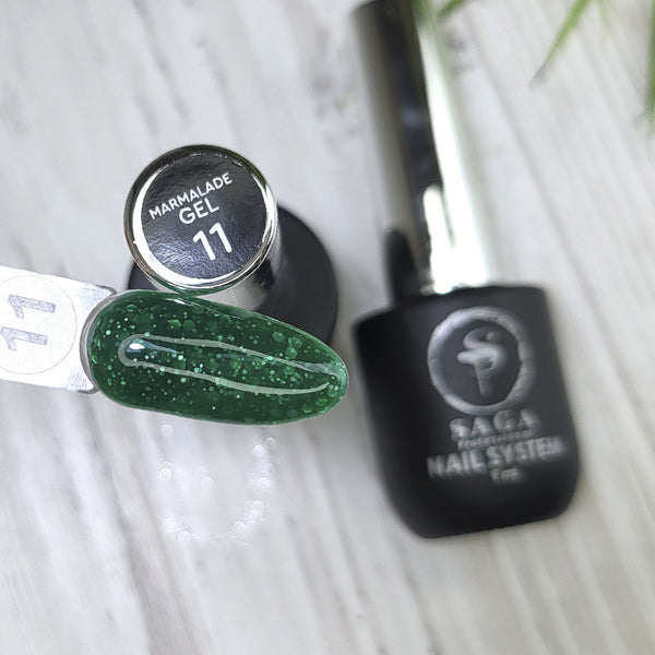 Vernis Gel Saga Professional Marmalade n° 11 (vert avec flocons), 9 ml