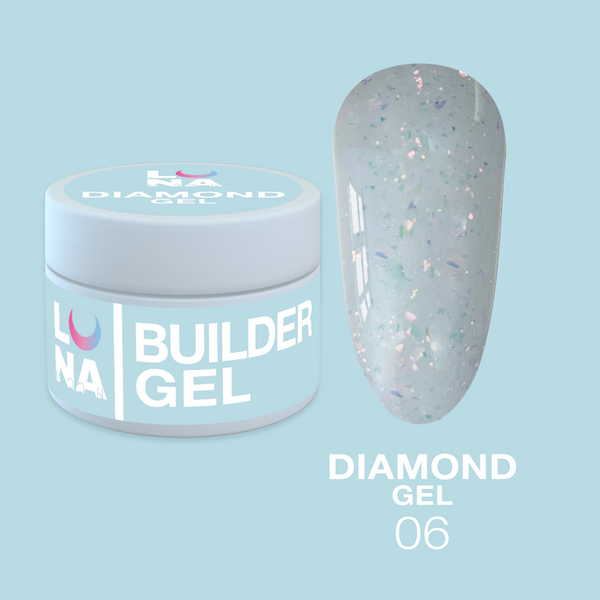 Гель для нарощування білий з блискітками LunaMoon Diamond Gel №6, 15 мл