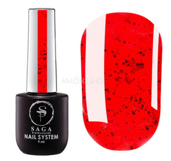 SAGA professional gel polish Black Snow 08 (bright coral with black crumb), 9 ml