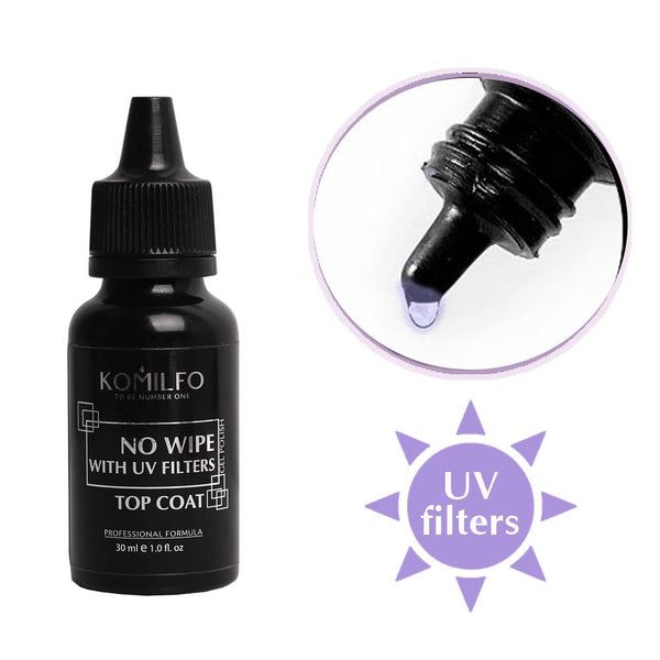 KOMILFO NO WIPE UV TOP – TOP FOR GEL POLISH WITHOUT A STICKY LAYER WITH UV FILTERS, 30 ML