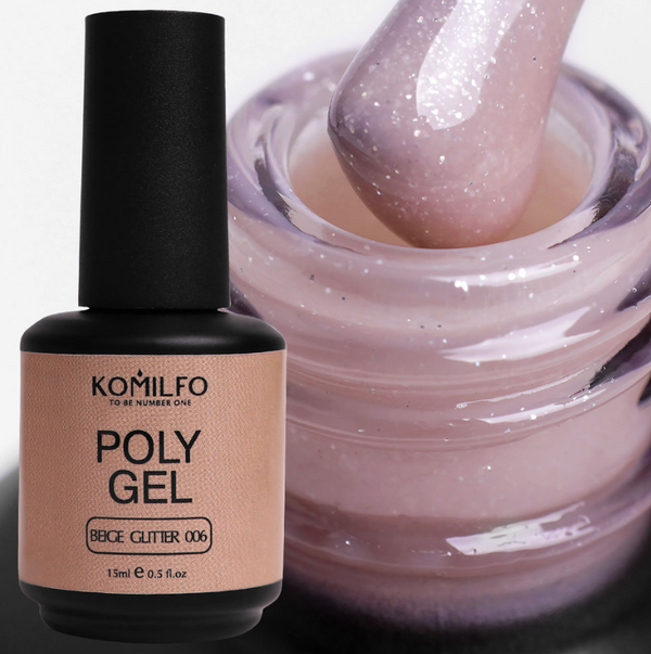 Komilfo PolyGel 006 Beige Glitter, 15 ml (avec reflets) (gel pour ongles)